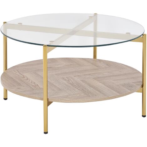 Mesa de centro moderna tablero de vidrio templado estructura de metal 1 estante madera clara dorado Lovell