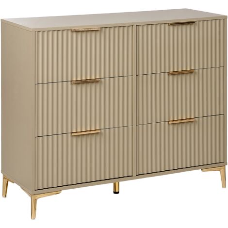 Cómoda moderna de MDF 6 cajones patas de metal tiradores frentes acanalados beige Walcott