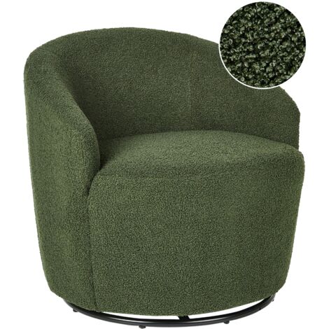 Sillón respaldo curvo glamour art deco bouclé vellón base negra giratoria 360° verde Davik