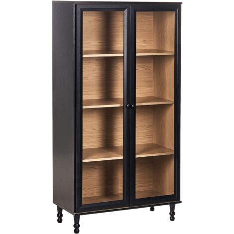 Armario decorativo escandinavo clásico aparador alto con expositor de vidrio negro con madera clara Tingledale
