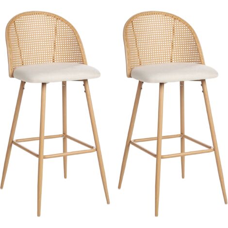 Conjunto de 2 sillas de bar retro asiento de tela beige estructura metálica efecto madera clara respaldo de trenza vienesa Cornell