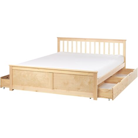 Cama con somier de madera de pino MDF minimalista con almacenaje 4 cajones 160 x 200 cm marrón claro Olendon (1/5)