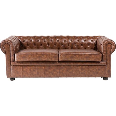 Sofá chesterfield 3 plazas sofá en patas negras piel sintética marrón dorado Chesterfield (1/5)