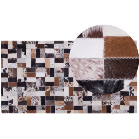 Alfombra de piel de vacuno marrón y beige 80 x 150 cm rectangular patchwork hecha a mano Cesme (1/5)