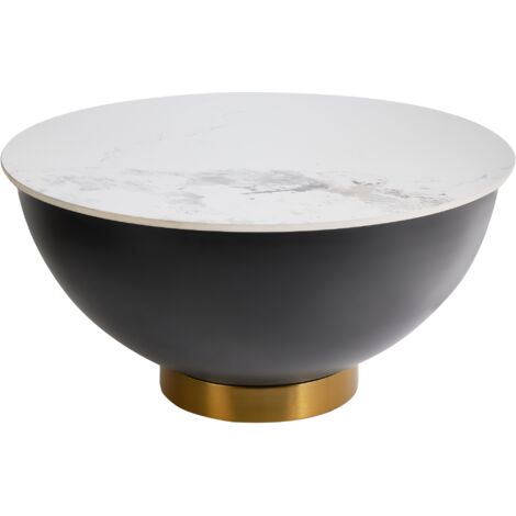 Mesa de centro tablero de piedra sinterizada blanco aspecto natural base de metal negro detalles dorados diseño moderno ø 74 cm Nadine (1/5)