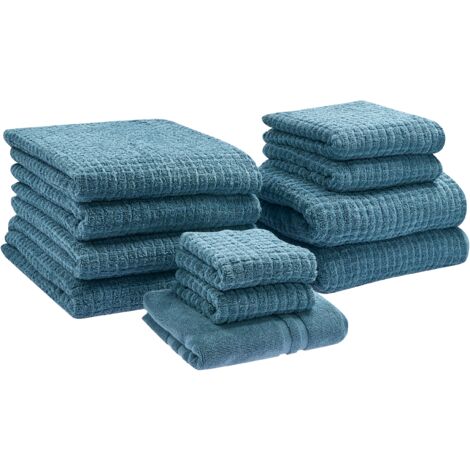 Conjunto de 11 toallas de baño de algodón suave de torsión baja con alfombrilla de baño azul Atai (1/5)