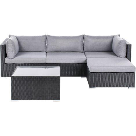 Conjunto de jardín 4 plazas con mesa de centro cuadrada cojines grisese de ratán negro izquierdo Sano (1/5)