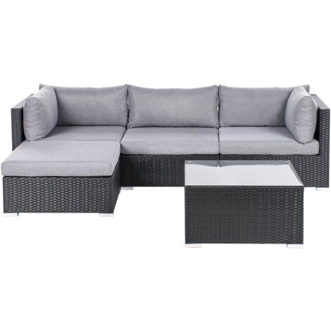 Conjunto de jardín 4 plazas con mesa de centro cuadrada cojines grisese de ratán negro derecho Sano (1/5)