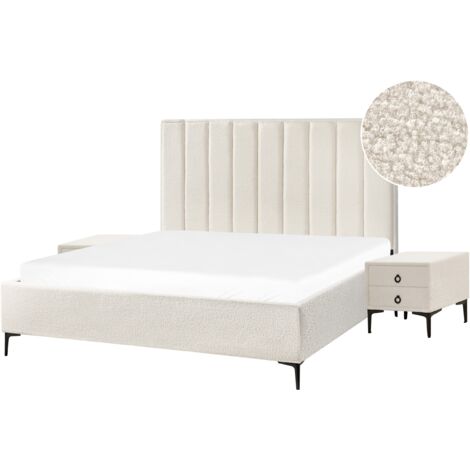 Conjunto de dormitorio cama 180 x 200 cm y 2 mesitas de noche bouclé blanco crema Sezanne (1/5)