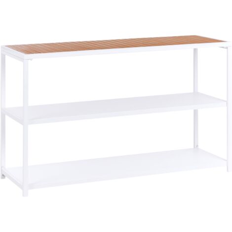 Estantería de acero isla de cocina de jardín base de acero encimera de madera plástica 150x50x90 cm blanco y marrón Avetrana (1/5)