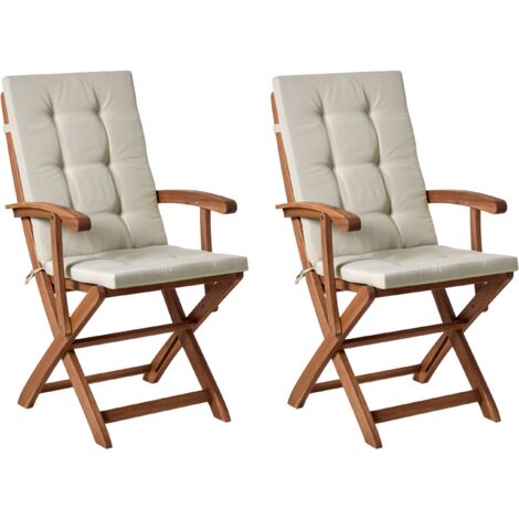 Conjunto de 2 sillas plegables de jardín de madera para comedor exterior con cojines gris pardo Maui Premium (1/5)