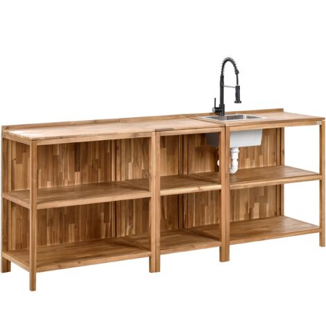 Conjunto de 3 islas de cocina exterior de madera de acacia con fregadero y grifo estantes encimera de madera maciza acero inoxidable marrón y negro Venosa