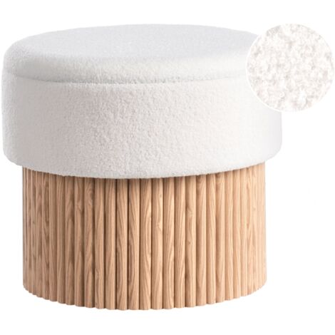Puf con almacenaje asiento de bouclé base de madera reposapiés redondo mesa auxiliar blanco crema Richey