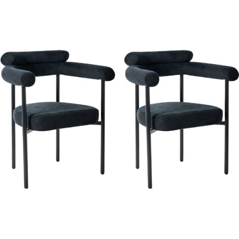 Conjunto de 2 sillas de comedor tapicería de poliéster patas de hierro negro respaldo redondeado estilo moderno muebles de comedor negro Lyney (1/5)
