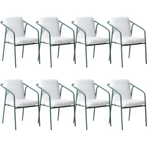 Conjunto de 8 sillas de jardín con cojines blancos acabado recubrimiento de polvo apilables metal aluminio verde Asciano (1/5)