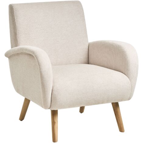 Sillón moderno tapizado de tela patas de madera de caucho repelente al agua con reposabrazos beige Plassen (1/5)