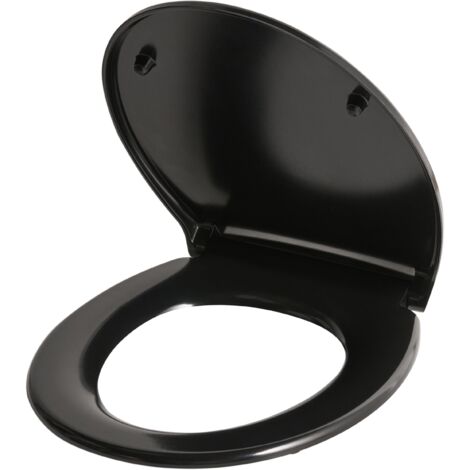 Asiento para inodoro acabado brillante 45 x 37 cm distancia entre orificios 16 mm cierre suave desenganche rápido duroplast negro Papuri (1/5)