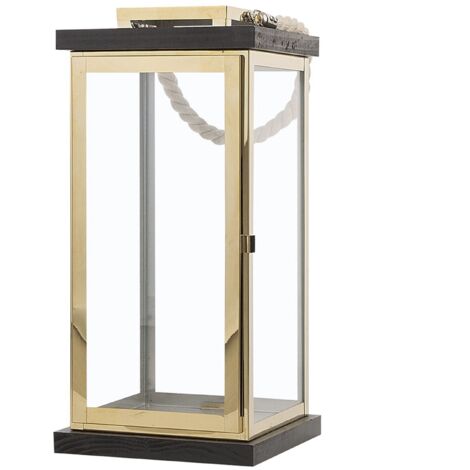 Linterna portavelas de madera negra y metal dorado 41 cm candelabro con asa de cuerda Borneo