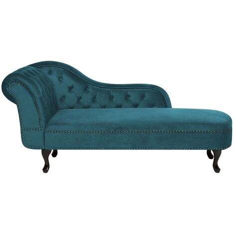 Chaise longue tapizado en terciopelo verde azulado con botones versión izquierda Nimes (1/5)