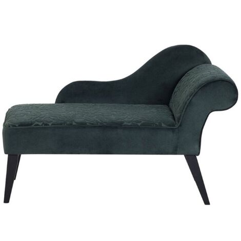 Chaise longue tapizado en tela verde con patas de madera oscura estilo glam versión derecha Biarritz (1/5)