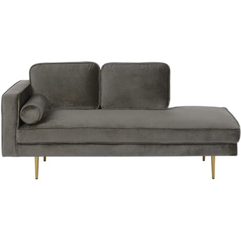 Chaise longue tapizado en terciopelo gris pardo versión izquierda patas de metal diseño moderno Miramas