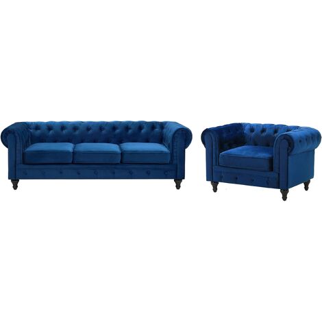 Conjunto de sofás Chesterfield tapizado en terciopelo azul cobalto patas de madera oscura sofá 3 plazas + sillón estilo clásico Chesterfield
