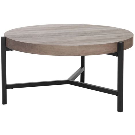 Mesa de centro con tablero de madera gris pardo patas de metal negro 70 cm redonda moderna para salón industrial Bonita