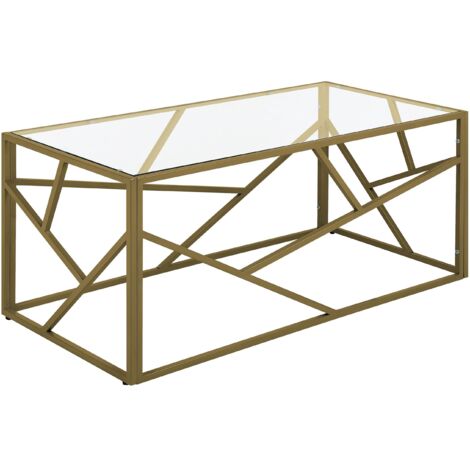 Mesa de centro con marco de metal dorado y tapa de cristal con diseño geométrico Orland