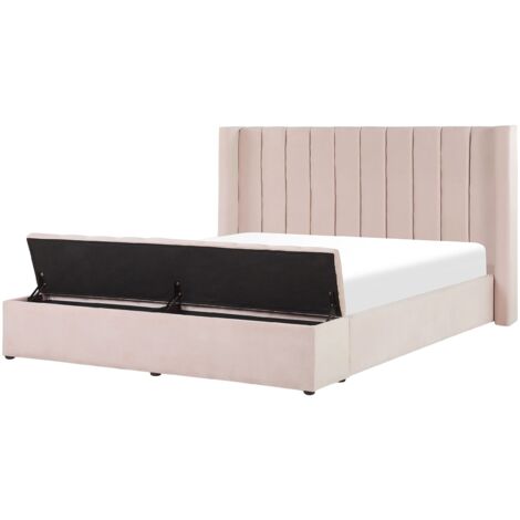 Cama con somier de terciopelo rosa pastel 160 x 200 cm reposacabezas banco Noyers