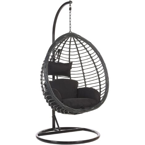 Silla colgante de ratán negra con estructura metálica interior-exterior forma de huevo estilo boho Tollo
