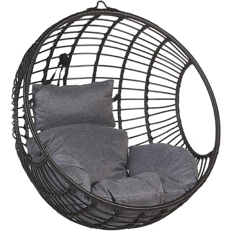 Silla colgante de ratán cesta redonda negra con cojines sin marco de metal estilo boho Aspio