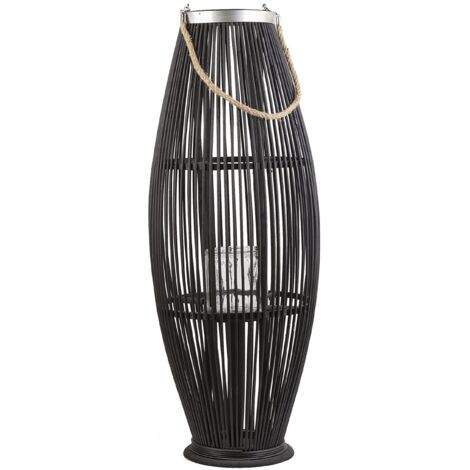 Linterna de bambú madera negra y vidrio 84 cm interior exterior tejido candelero escandinavo boho Tahiti