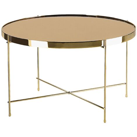 Mesa de centro con tapa de vidrio templado marrón dorado y patas de metal dorado redonda estilo glamour Lucea