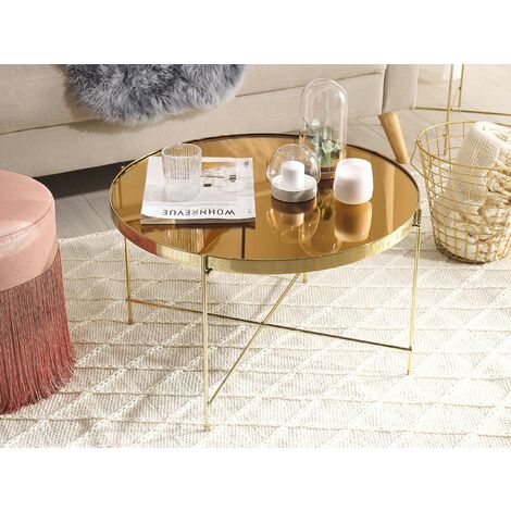 Mesa de centro redonda de cristal con marco de acero dorado, mesa