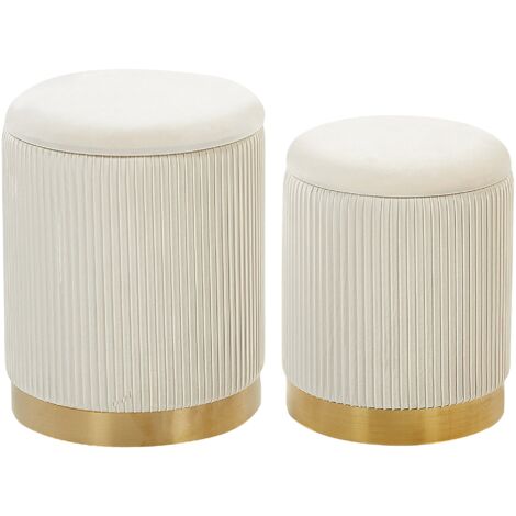 Conjunto de 2 pufs con almacenaje tapizados en poliéster blanco con base dorada diseño moderno mechón horizontal Miramar