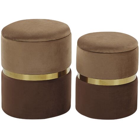 Conjunto de 2 pufs con almacenamiento tapizados en terciopelo de poliéster marrón claro y oscuro reposapiés diseño retro Wichita