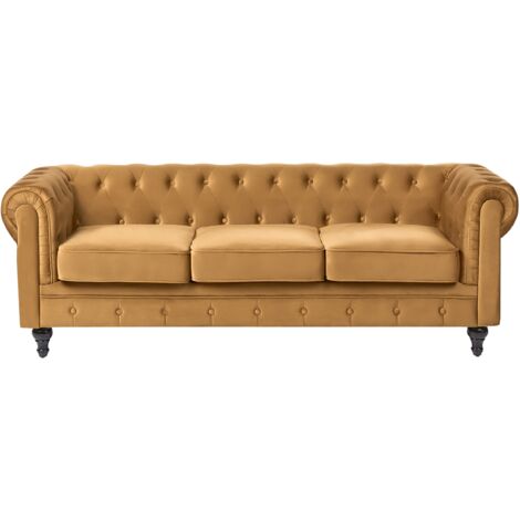 Sofá 3 plazas Chesterfield tapizado en tela de terciopelo amarillo patas de madera oscura estilo contemporáneo Chesterfield