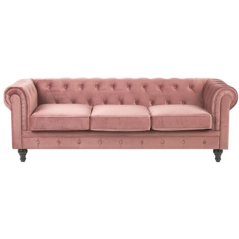 Sofá 3 plazas Chesterfield tapizado en tela de terciopelo rosa patas de madera oscura estilo contemporáneo Chesterfield