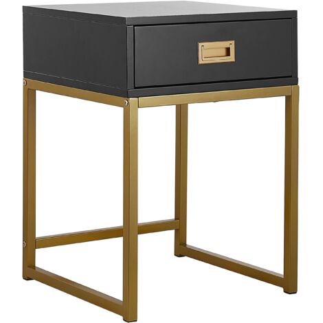 Mesita de noche negra con cajón de almacenamiento con base de metal dorado y mesita de noche glamour