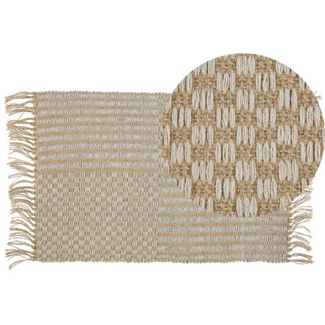 Alfombra de pasillo beige algodón yute con flecos 50 x 80 cm tejida a mano boho pasillo dormitorio Adabag (1/5)