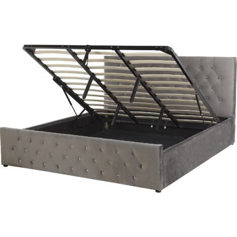 Cama doble tapizada en terciopelo gris 180 x 200 cm con almacenamiento cabecero acolchado Amiens (1/5)