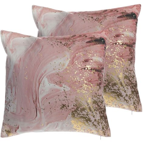 Conjunto de 2 cojines de poliéster rosa efecto acuarela motivo abstracto 45 x 45 cm lámina dorada Lantana