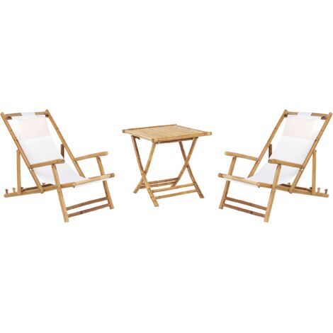 Conjunto de tumbonas 2 plazas mesa de centro sillas de exterior plegables de madera de bambú natural mesa auxiliar Atrani/Molise (1/5)
