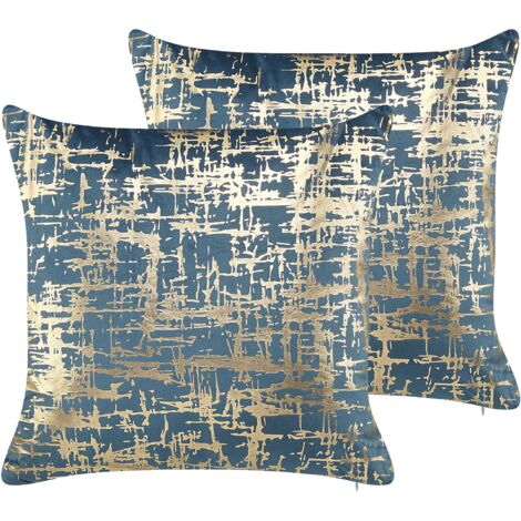 Conjunto de 2 cojines de poliéster azul dorado patrón metálico 45 x 45 cm efecto craquelado Gardenia