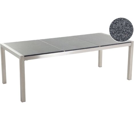 Mesa de comedor de jardín con tablero de granito gris y plateado patas de acero para 8 personas 220 x 100 x 74 cm Grosseto