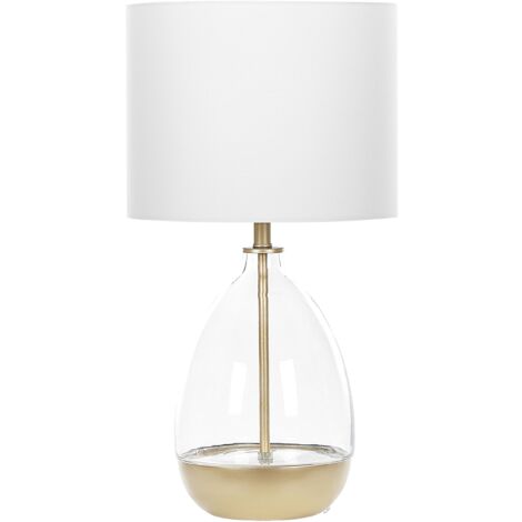 Lámpara de mesa de vidrio transparente blanco dorado pantalla de tela 63 cm forma de jarrón cable con interruptor sala de estar Okari (1/5)