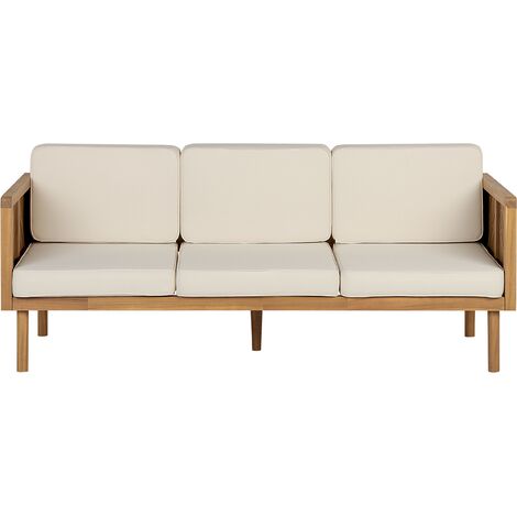 Sofá 3 plazas de madera de acacia clara beige claro cojines reposabrazos Baratti