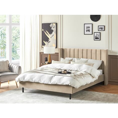 Canapé de terciopelo 140x200 cm con LED a los pies de la cama y somier de  láminas - Beige