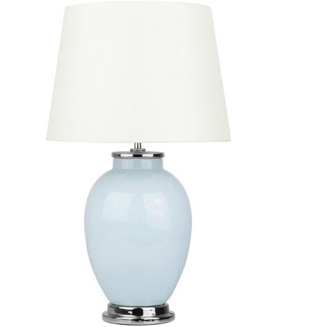 Lámpara de mesa base de cerámica azul claro pantalla redonda de poli algodón blanco Brenta