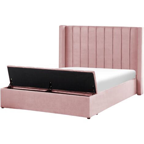 Cama con somier de terciopelo rosa 140 x 200 cm reposacabezas alto banco Noyers